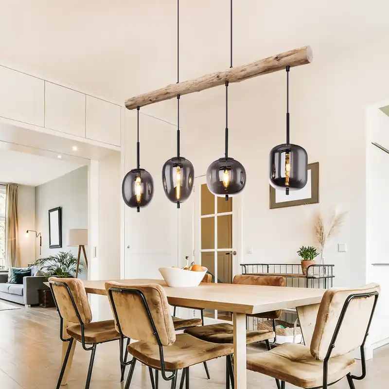 Hanglamp, glazen kap, houtlook, bruin, H 130 cm Koop Vandaag