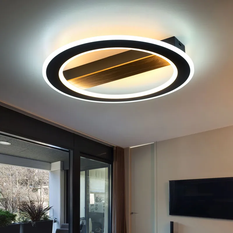Hoge Kwaliteit LED plafondlamp, hout, ring design, zwart, D 45 cm