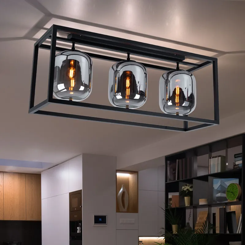 Plafondlamp, zwart, rookglas, L 77 cm Gratis Verzending