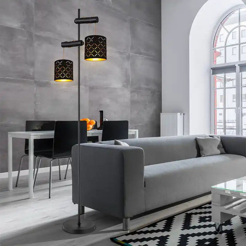 Staande lamp, metaal stof, in hoogte verstelbaar, zwart goudkleurig Korting