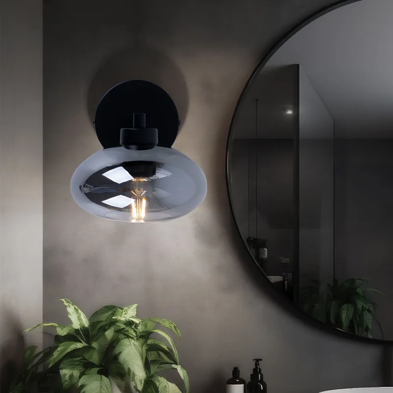 Wandlamp zwart, rookglas, H 29 cm Hoge Kwaliteit