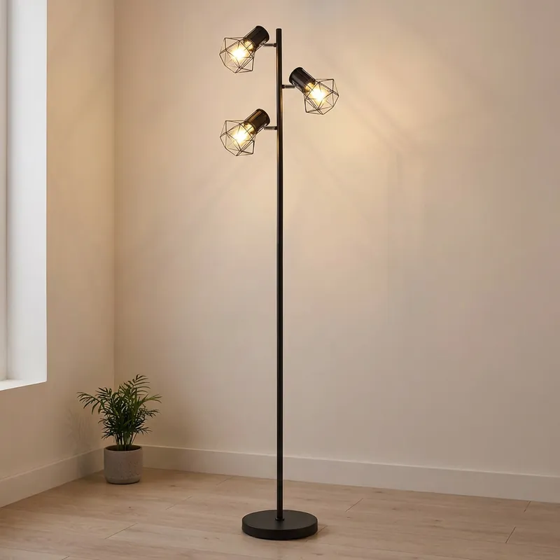 Gratis Verzending LED vloerlamp, zwart raster, 3 vlammen, H 161 cm