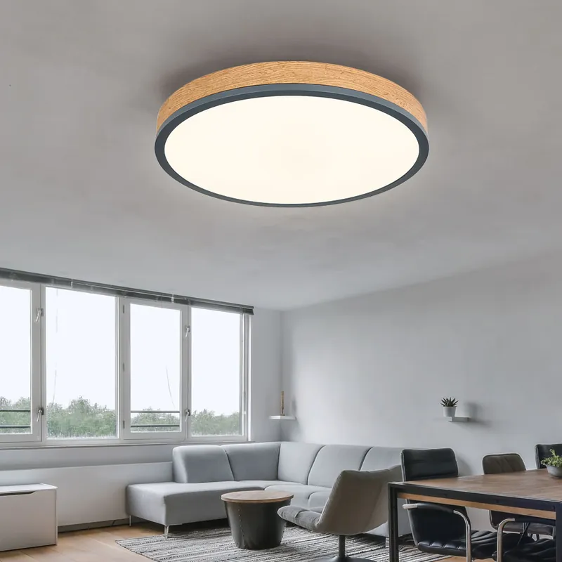 LED plafondlamp, houtlook, dimmer, afstandsbediening, D 45cm Premium