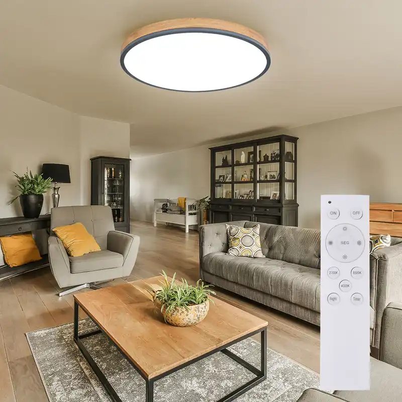 LED plafondlamp, houtlook, dimmer, afstandsbediening, D 60 cm Superprijs
