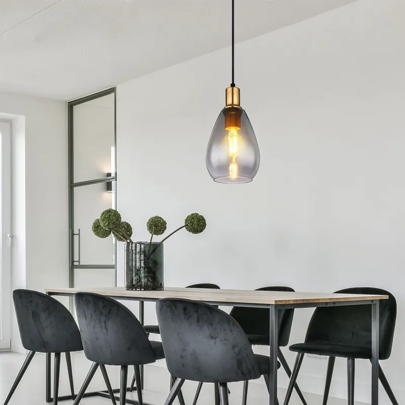 Hanglamp, zwart metaal, rookglas, H 120 cm Laatste Versie