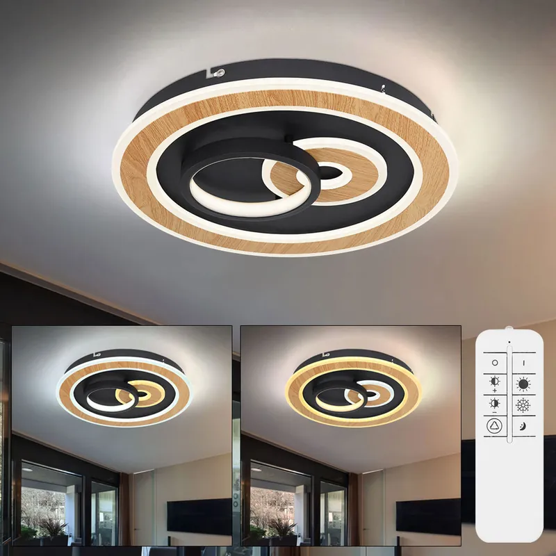 Favoriet LED plafondlamp, metaal, houtlook, afstandsbediening, dimbaar