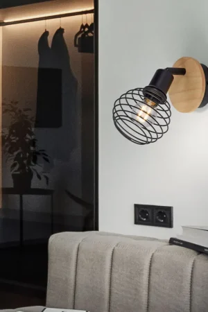 Lage Kosten Wandlamp, houteffect, zwart, verstelbare spot, H 21 cm