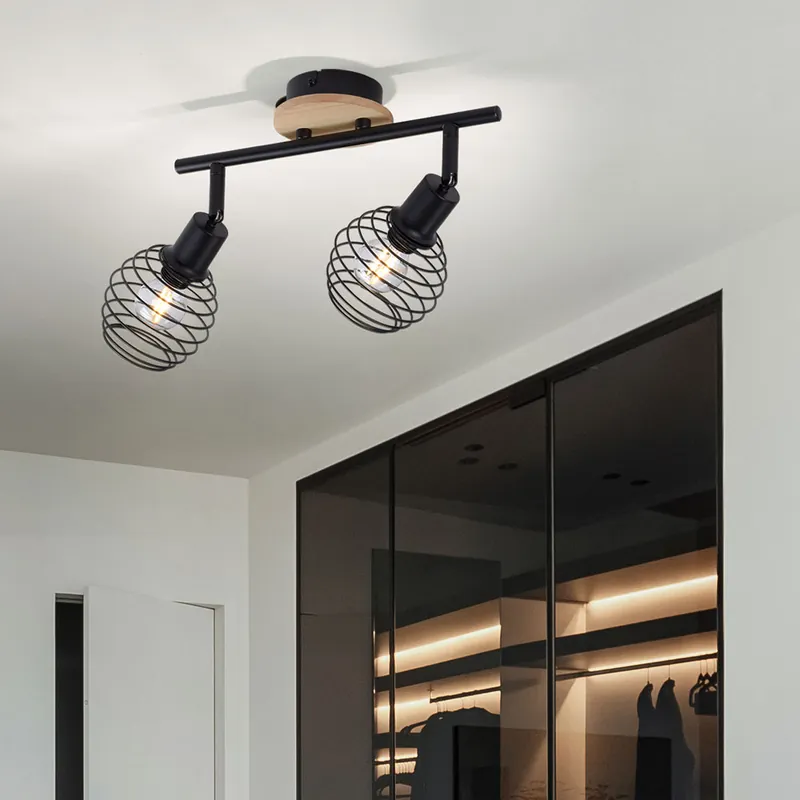 Plafondlamp, zwart, houtlook, beweegbare spots, L 50 cm Gratis Retour