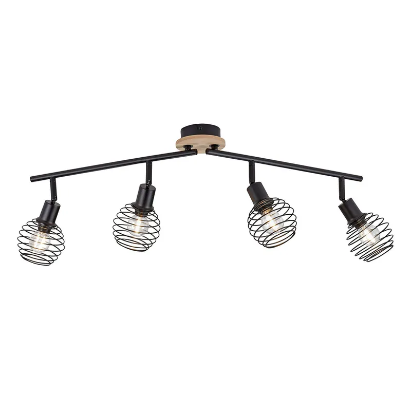 Snelle Levering Plafondlamp, zwart, houtlook, beweegbare spots, L 92 cm