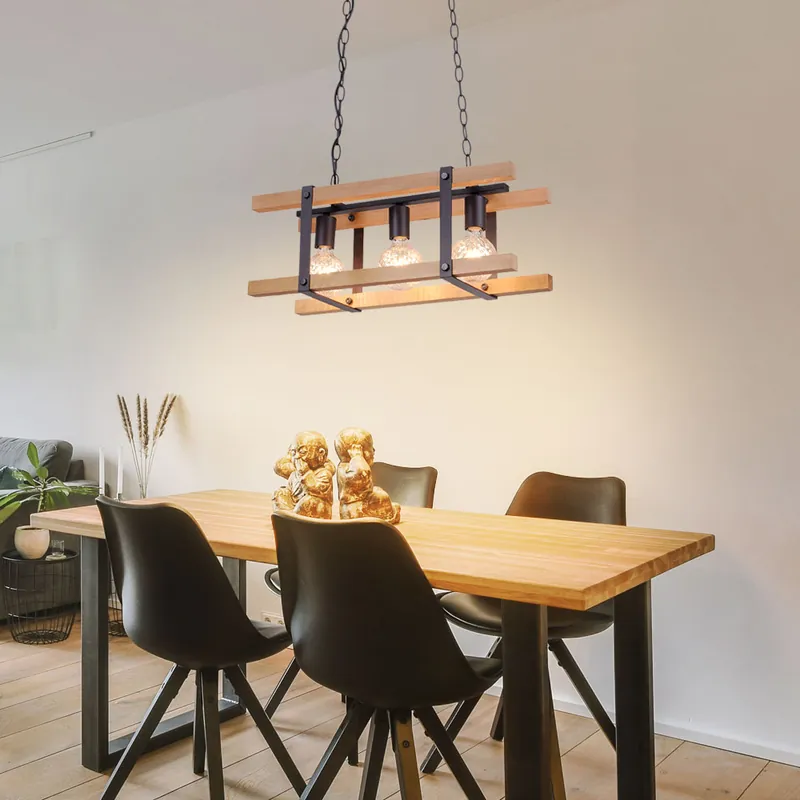 Hanglamp, hout metaal, 3 vlammen, H 120 cm Beperkte Voorraad