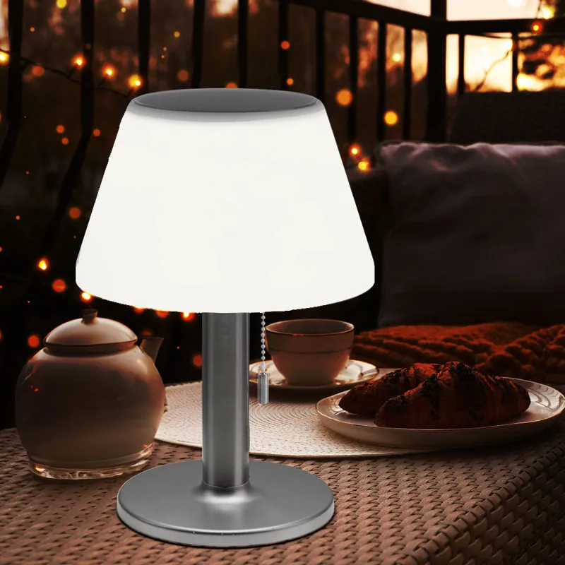 Populair LED solar tafellamp, stappendimmer, metaal zilver, H 28cm