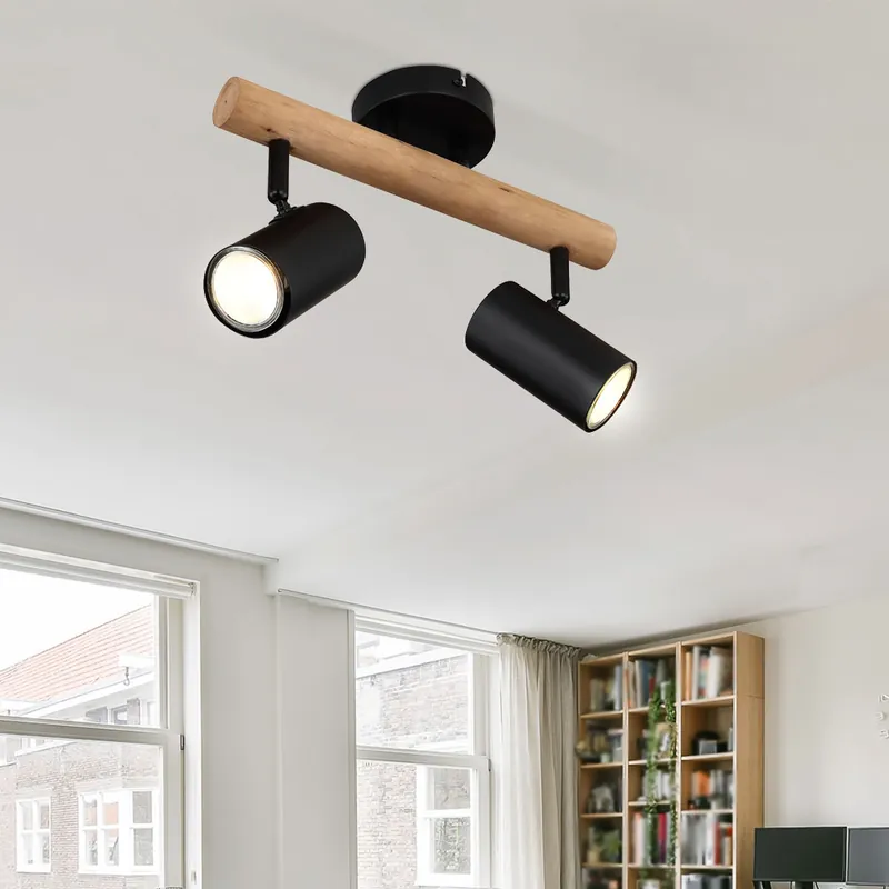 Seizoensaanbieding Plafondlamp, hout, metaal, zwart, 2-vlam, L 30 cm