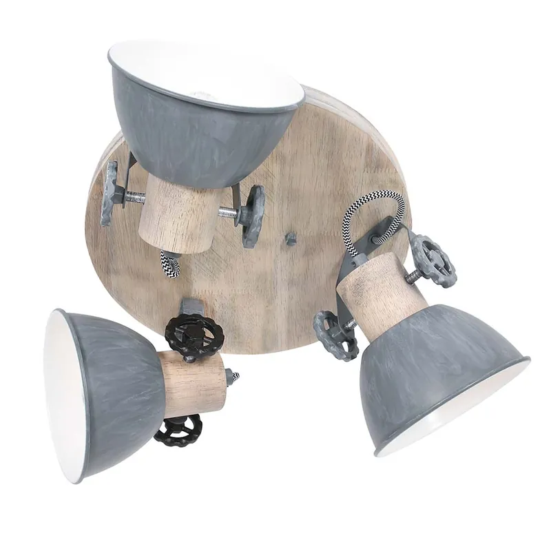 Plafondlamp, natuurlijk hout, grijs, beweegbare spots, H 23 cm Gratis Verzending
