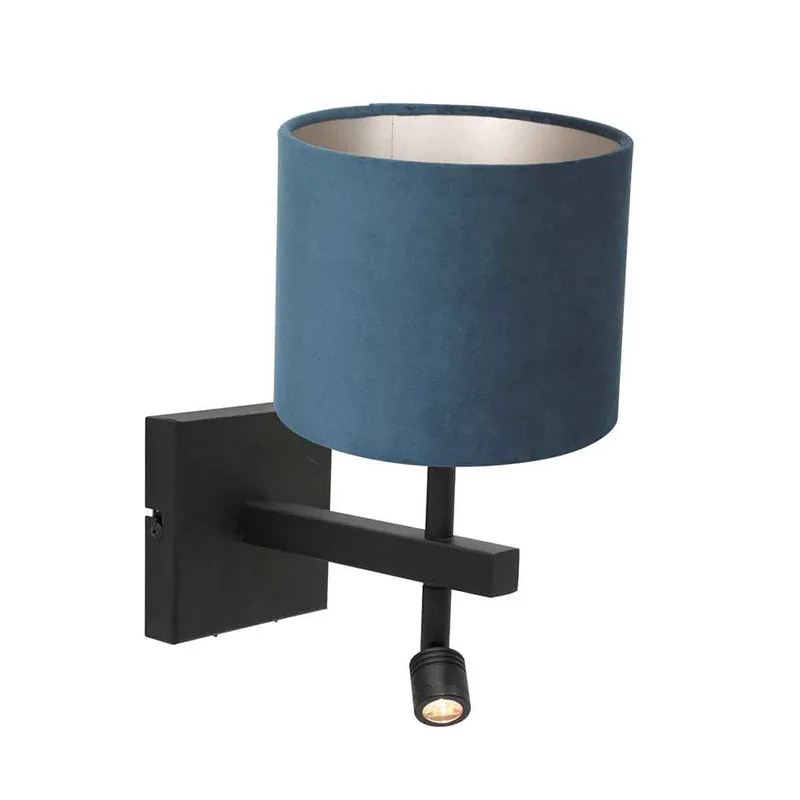 Express Levering Wandlamp, leesspot, blauw textiel, mat zwart, H 15 cm