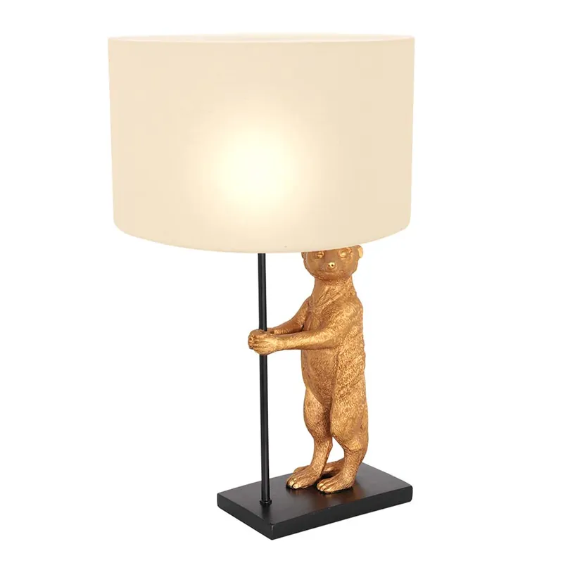 Tafellamp, stokstaartje goud, textiel wit, zwart, H 55cm Veilige Betaling
