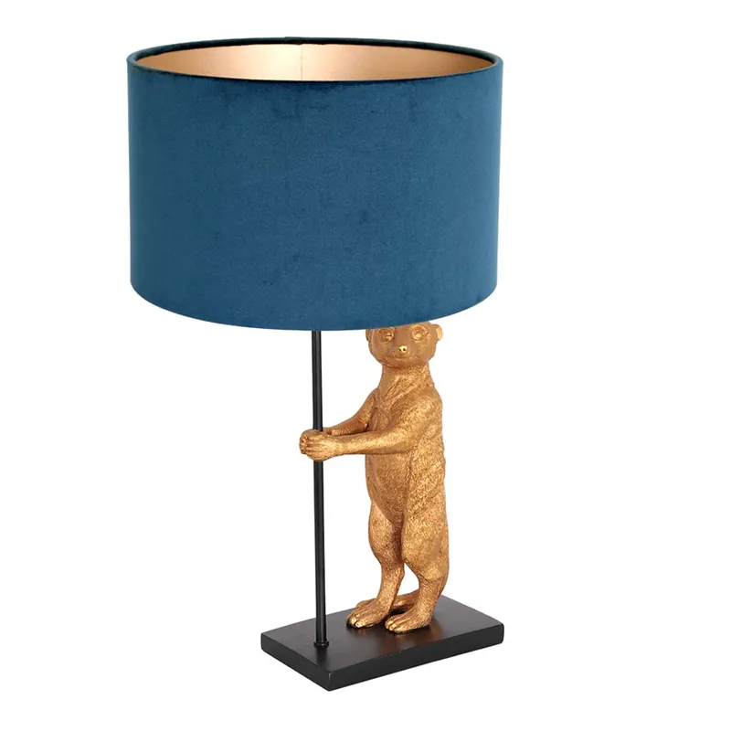 Tafellamp, stokstaartje goud, blauw textiel, H 55 cm Voordeelprijs