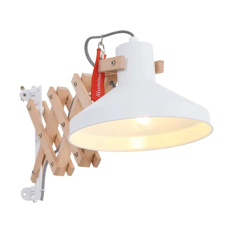 Direct Verzonden Wandlamp, beukenhout, wit metaal, harmonica arm, H 23 cm