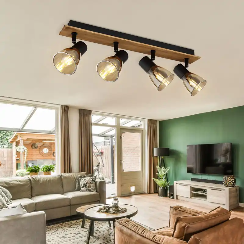 Lage Prijs Plafondlamp, hout, rookglas, zwart, beweegbare spots, L 50 cm