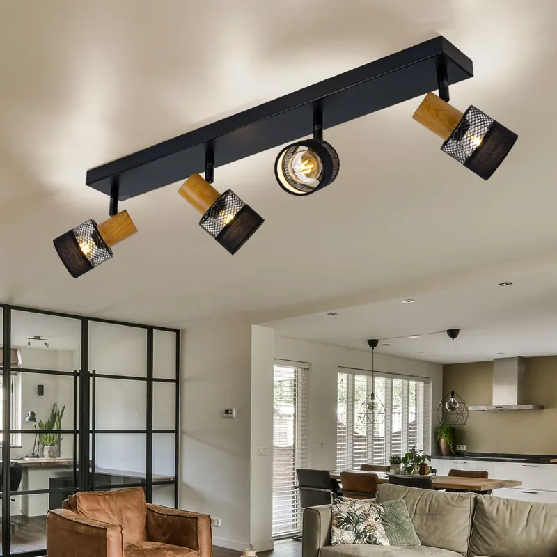 Plafondlamp zwart, houtlook, beweegbare spots, L 65 cm Meest Verkocht
