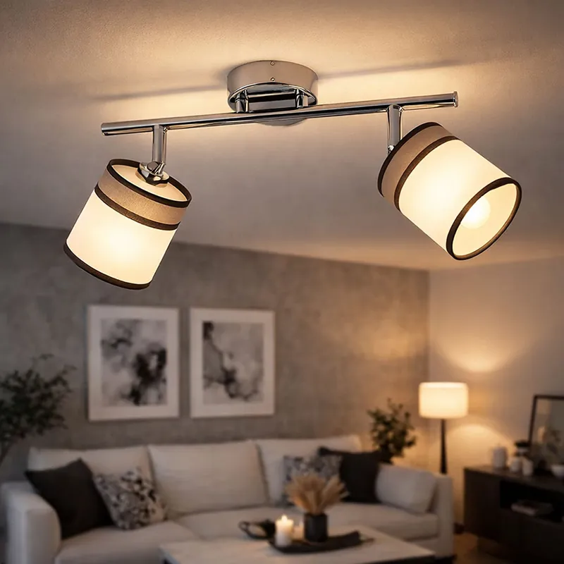 Plafondlamp chroom, textiel grijs-wit, verstelbare spots, L 51 cm Premium
