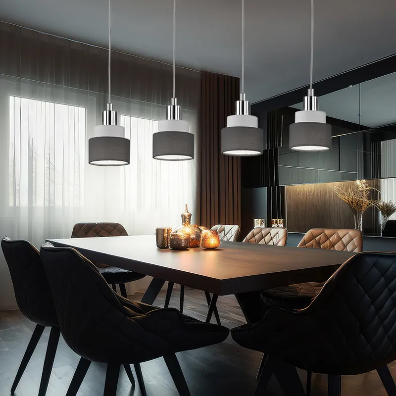 Beperkte Voorraad Hanglamp, 4 vlammen, metaal textiel, chroom grijs, H 150cm