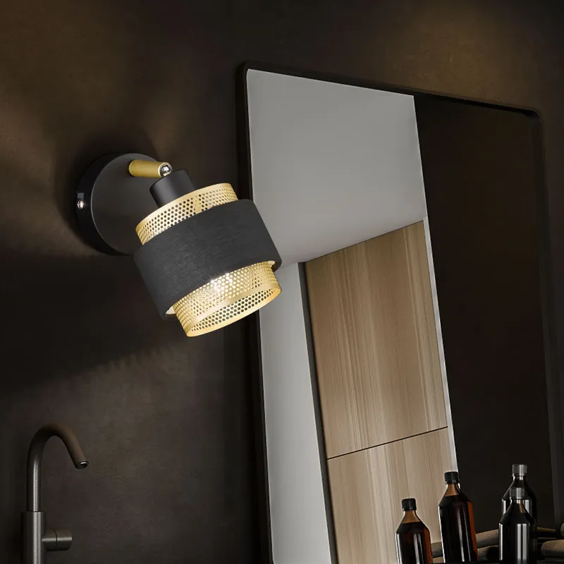 Wandlamp, staal textiel, zwart goud, verstelbaar, L 10 cm Dagaanbieding