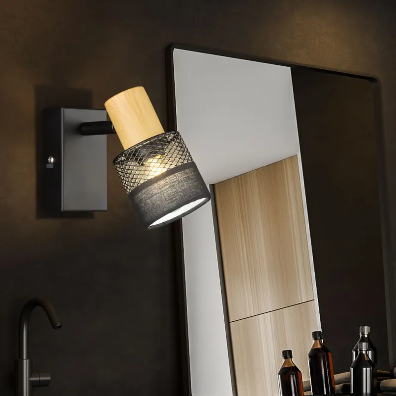 Wandlamp, verplaatsbare spot, hout, textiel, zwart Voordeelprijs