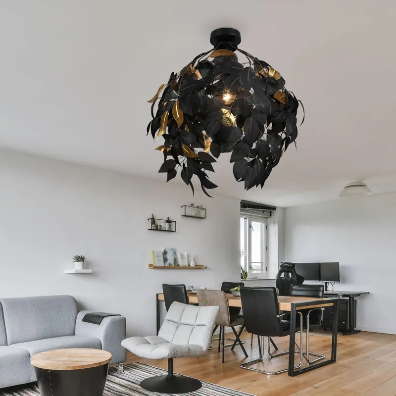 Plafondlamp, bladmotief, metaal, zwart, goud, H 58 cm Fabrieksprijs