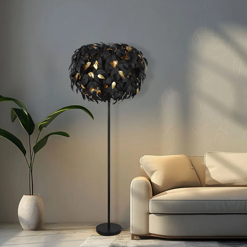 Hoge Kwaliteit Staande lamp, bladmotief, metaal, zwartgoud, H 180 cm
