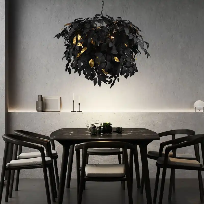 Finale Uitverkoop Hanglamp, 4-vlam, bladeren, zwart-goud, D 70 cm