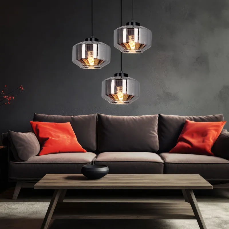 Gecertificeerd Hanglamp, 3-lichts, metaal glas, black smoke, H 120cm