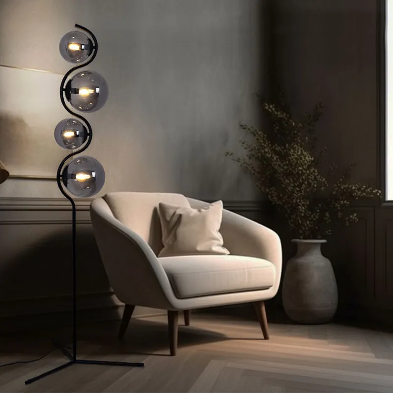 Gratis Verzending Staande lamp, zwart, rookglas, 4 vlammen, H 160 cm