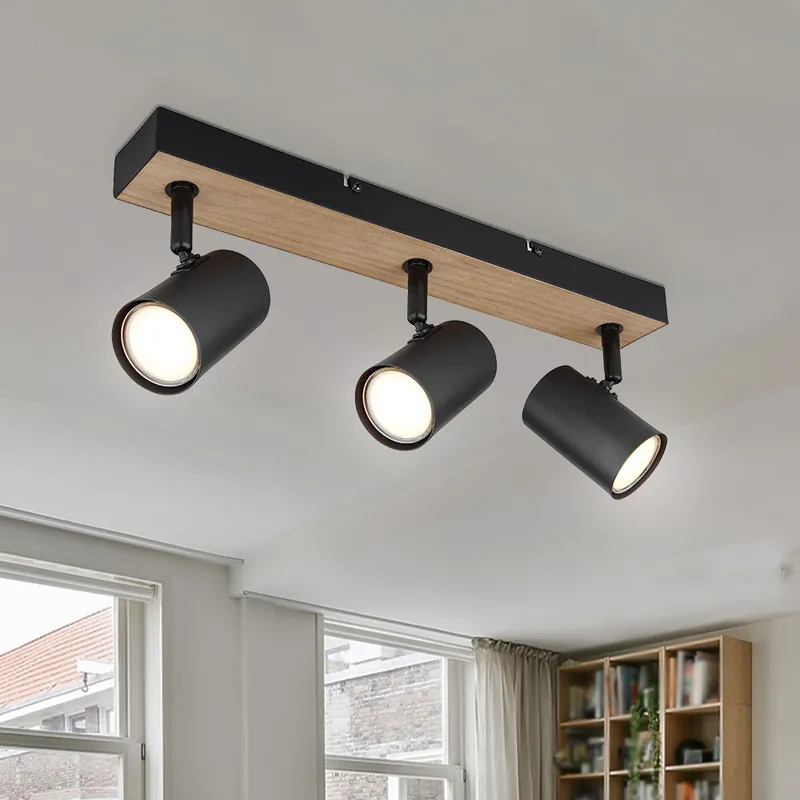 Plafondlamp, metaal hout, zwart, verstelbare spots, L 41cm Veilige Betaling
