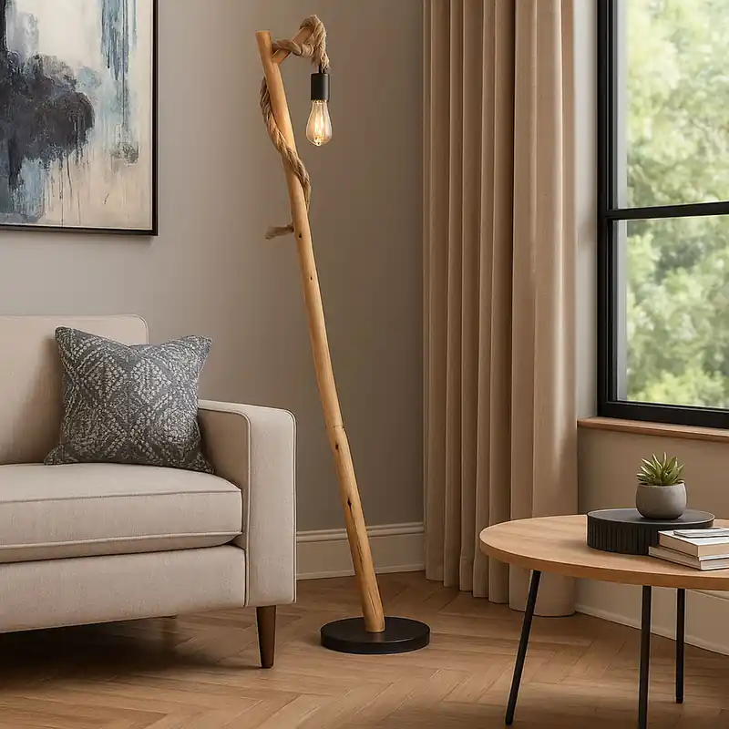 Snelle Levering Staande lamp, hout, bruin, zwart, henneptouw, H 150 cm