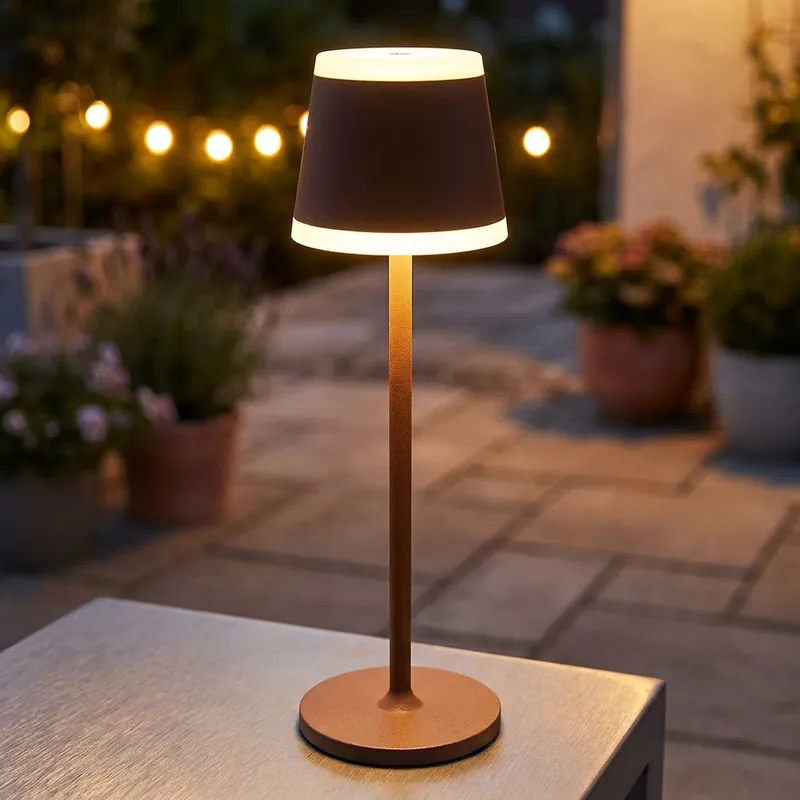Gratis Retour LED tafellamp, roest, touchdimmer, oplaadbare batterij, USB, H 38,5 cm