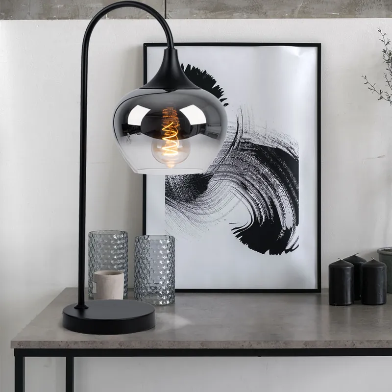 Tafellamp, gebogen, rookglas, zwart, H 54 cm Fabrieksprijs