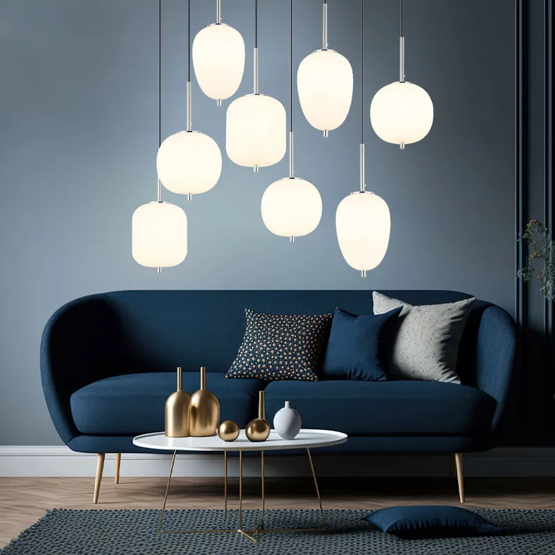 Hanglamp, opaal glas, mat nikkel metaal, H 120 cm Finale Uitverkoop