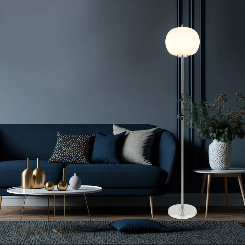 Staande lamp, opaalglas, nikkel metaal, H 160 cm Fabrieksprijs