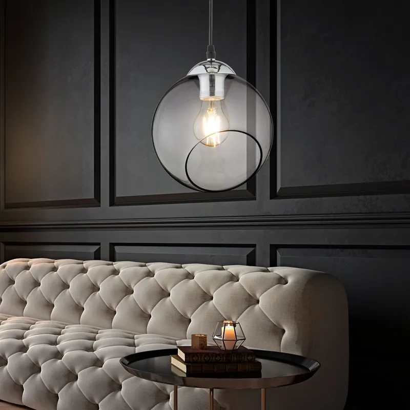 Hanglamp, glazen kap, metaal, rookkleurig, H 150 cm Korting