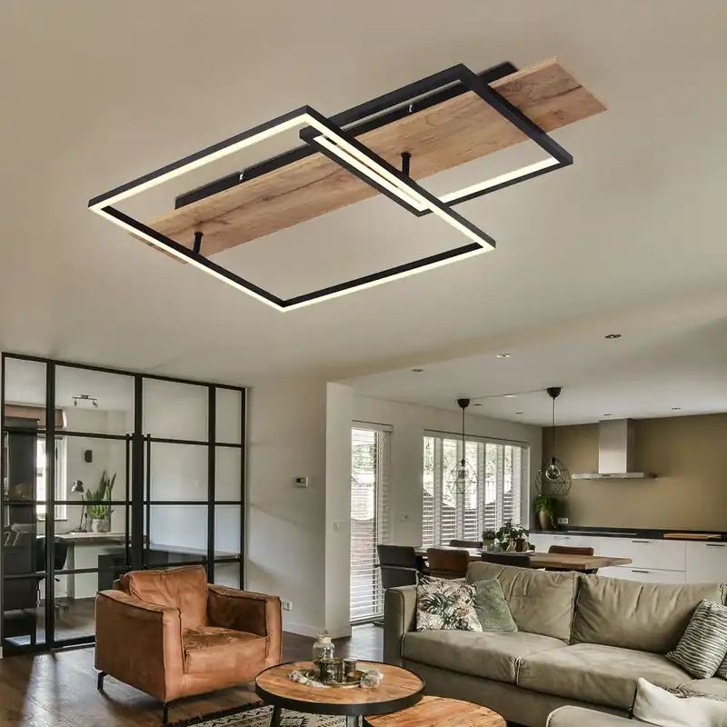 LED plafondlamp, metaal, zwart, houtlook, dimbaar, L 75cm Goedkoop