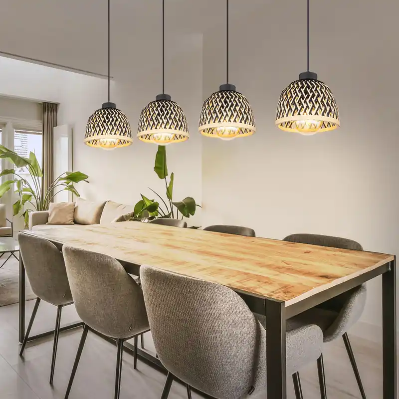 Superprijs Hanglamp, 4-lichts, metaal bamboe, bruin, in hoogte verstelbaar