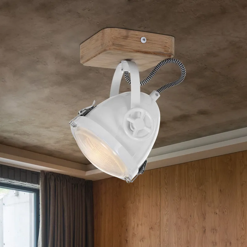 Laatste Kans LED plafondlamp, hout, wit, beweegbare spot, H 18 cm