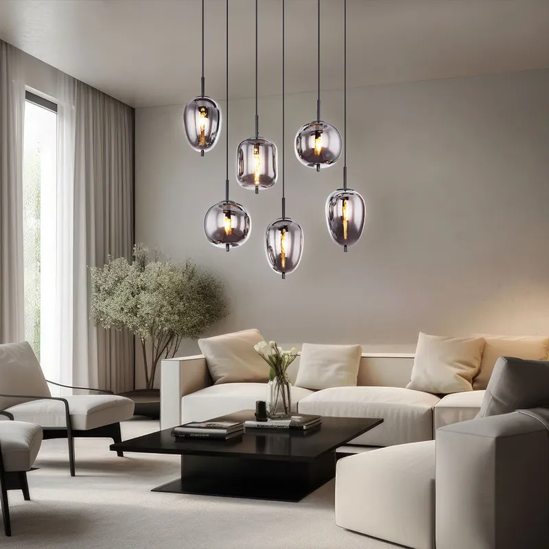 Must-Have Hanglamp, mat zwart, rookglas, 6-bol, L 80cm