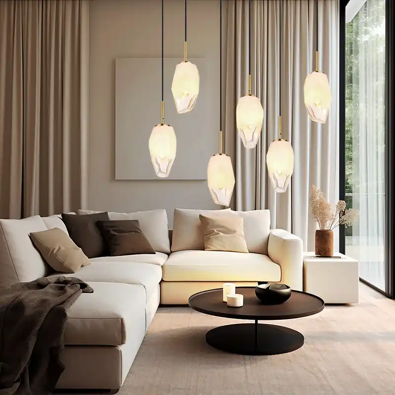 Hanglamp, metaal, messing, opaalglas, 6-bol, L 72 cm Direct Verzonden