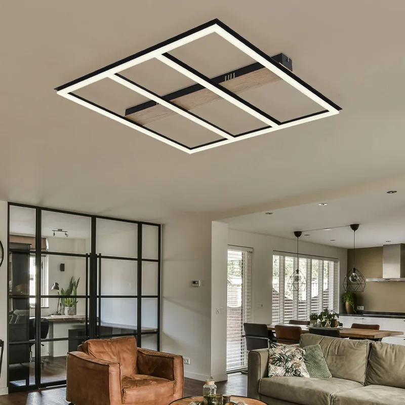 Nieuw LED plafondlamp, metaal, mat zwart, houtlook, 60x60 cm