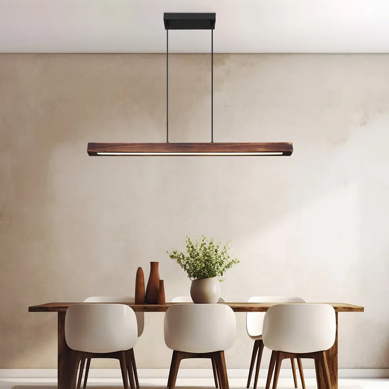 LED hanglamp, metaal, mat zwart, donkerbruin hout, L 90 cm Favoriet