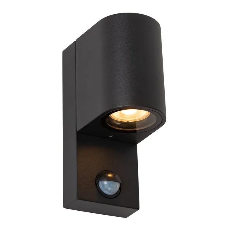 Lucide ZARO - Wandspot / Wandlamp Binnen/Buiten - 1xGU10 - IP65 - Beweging & dag/nacht sensor (uitschakelbaar) - Zwart Express Levering