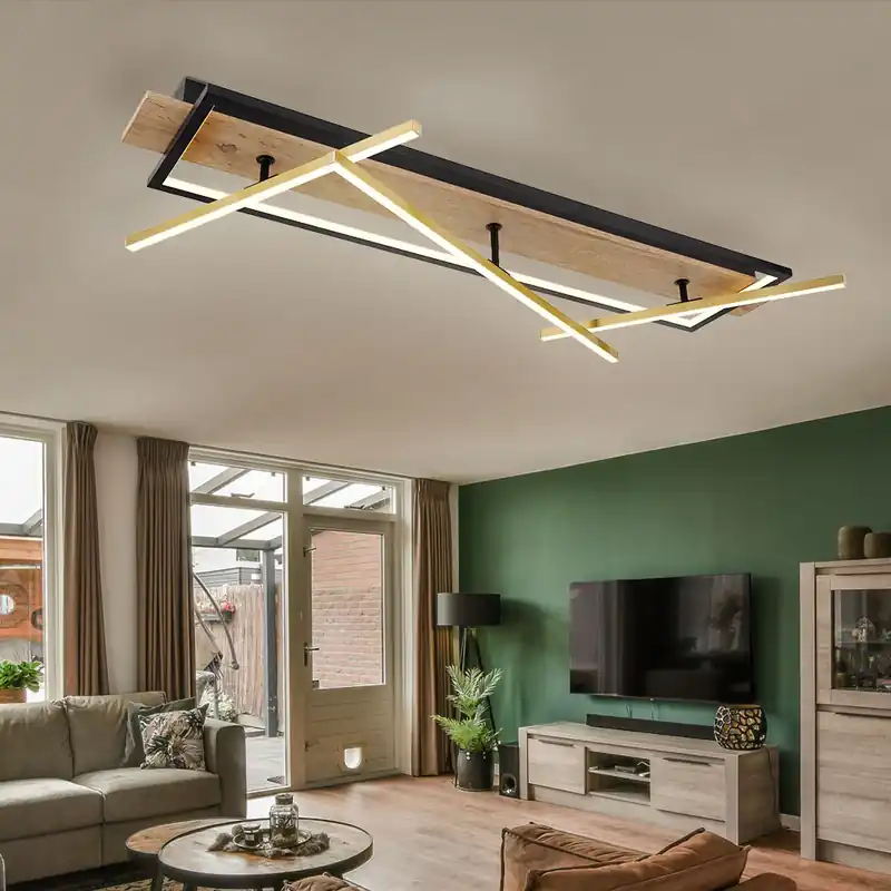 Alleen Vandaag LED plafondlamp, hout-look, messing, draaibaar, 3 niveaus