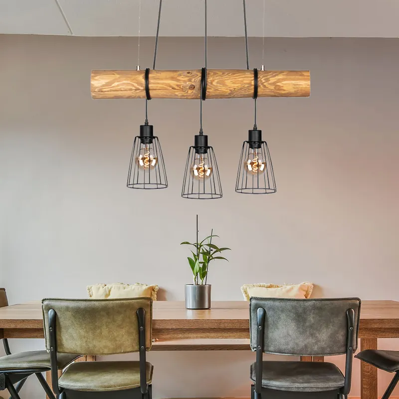 Tijdelijk Beschikbaar Hanglamp, 3-vlam, dennenhout, zwart, L 70 cm