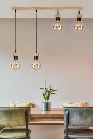 Beperkt Aanbod Hanglamp, 4-vlam, eikenhout, beweegbare spots, L 75 cm